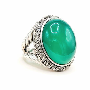 David Yurman Signature Oval Green Onyx Diamond Ring Sterling Silver 0.86 TCW Size 7.5
