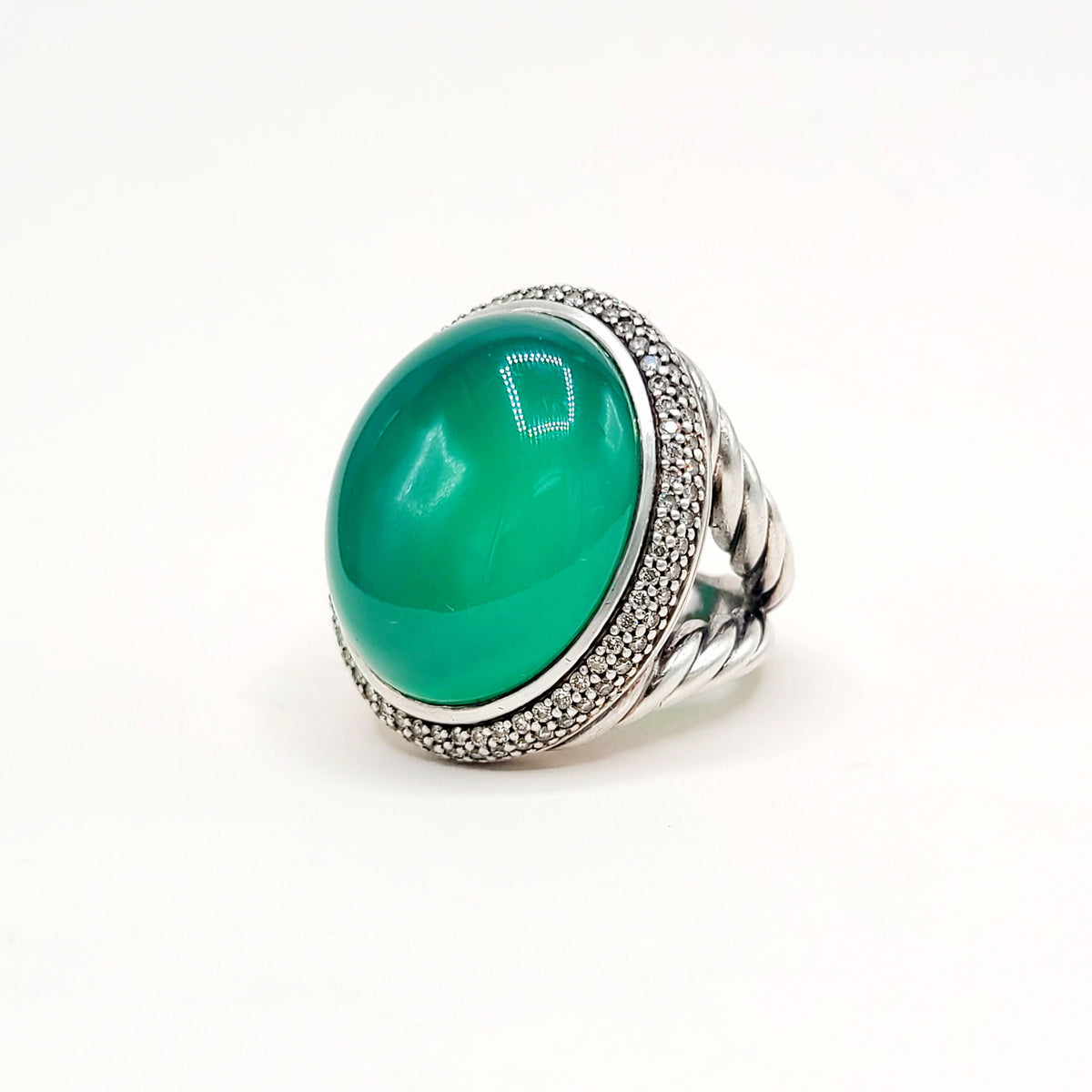 David Yurman Signature Oval Green Onyx Diamond Ring Sterling Silver 0.86 TCW Size 7.5