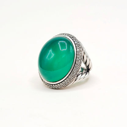 David Yurman Signature Oval Green Onyx Diamond Ring Sterling Silver 0.86 TCW Size 7.5