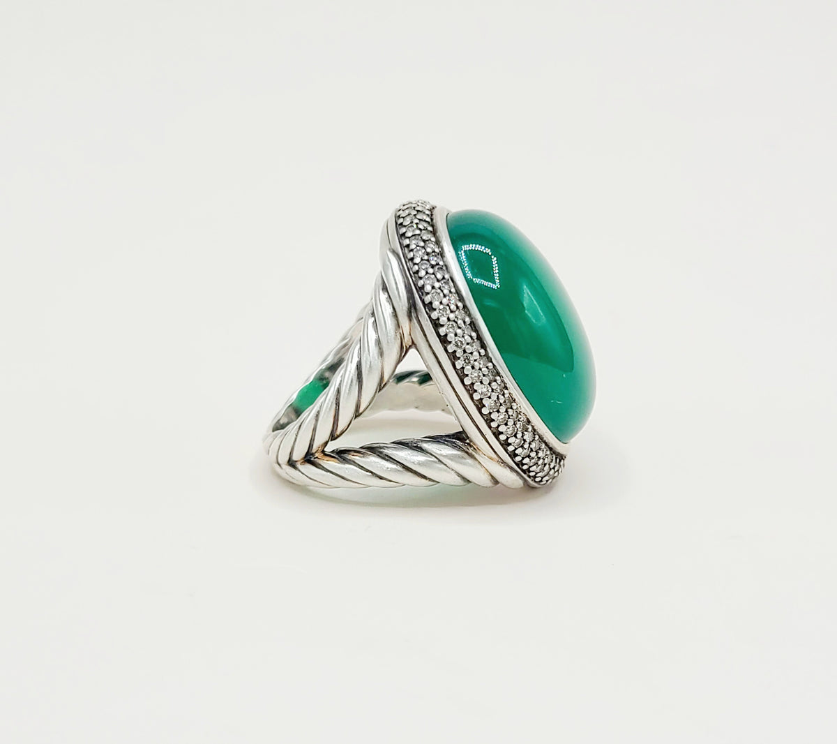 David Yurman Signature Oval Green Onyx Diamond Ring Sterling Silver 0.86 TCW Size 7.5
