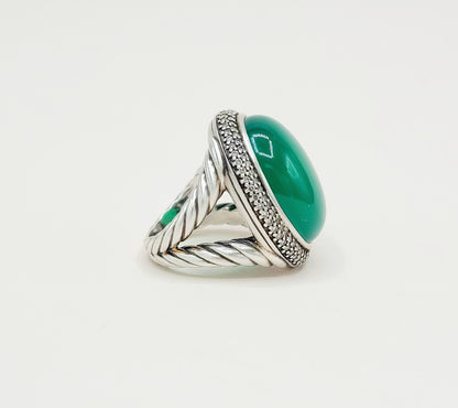 David Yurman Signature Oval Green Onyx Diamond Ring Sterling Silver 0.86 TCW Size 7.5