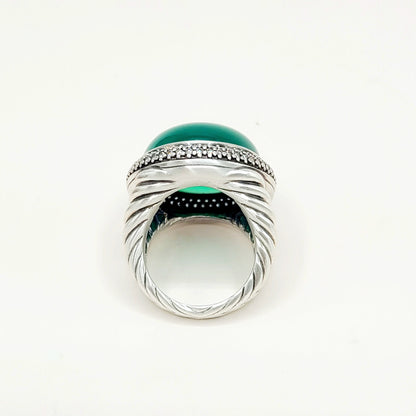 David Yurman Signature Oval Green Onyx Diamond Ring Sterling Silver 0.86 TCW Size 7.5