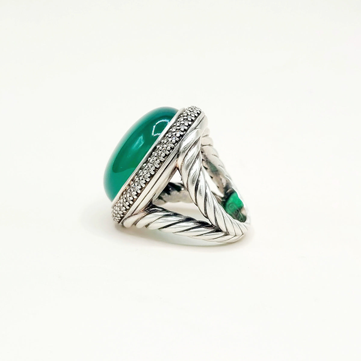 David Yurman Signature Oval Green Onyx Diamond Ring Sterling Silver 0.86 TCW Size 7.5