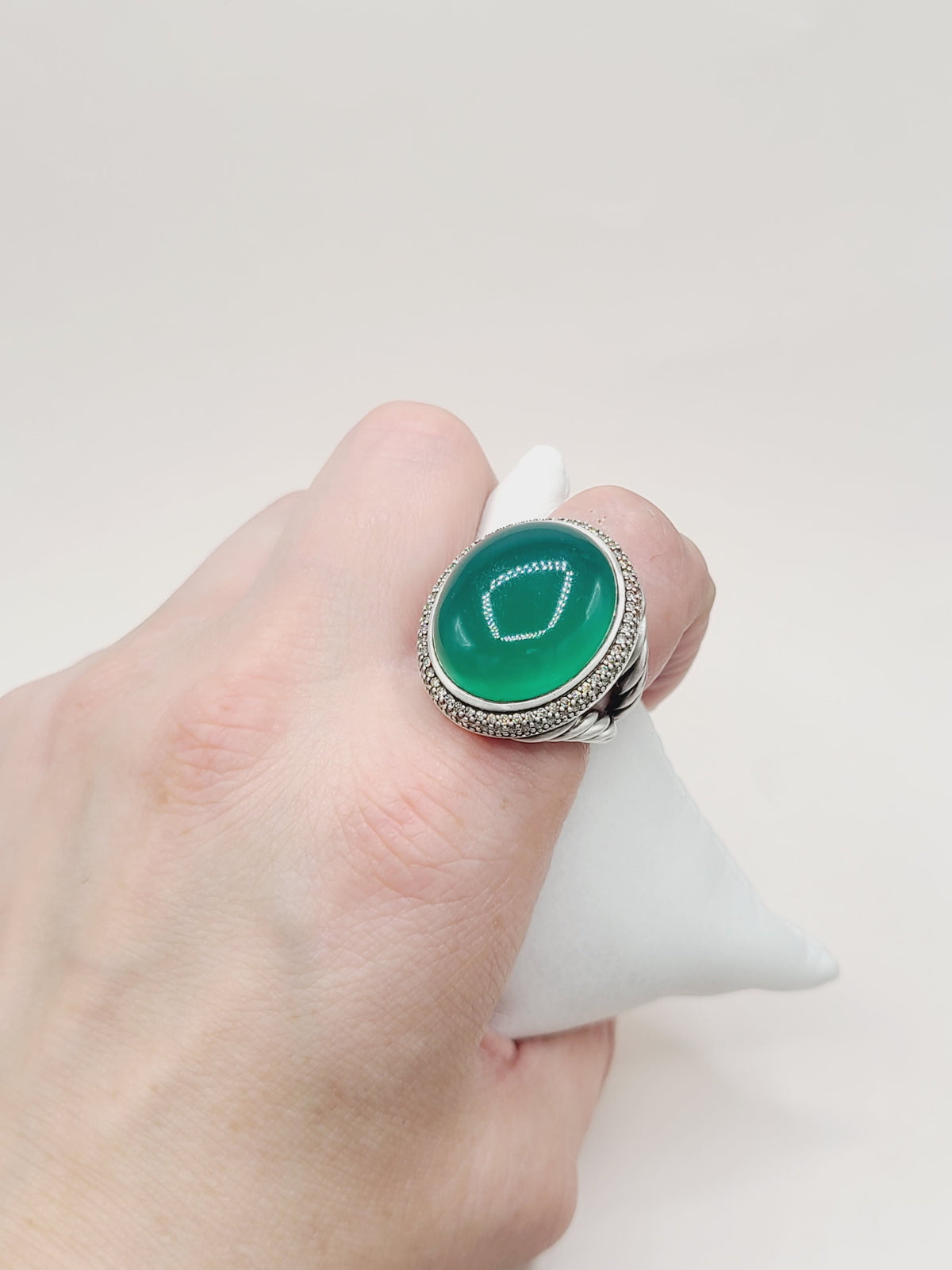David Yurman Signature Oval Green Onyx Diamond Ring Sterling Silver 0.86 TCW Size 7.5