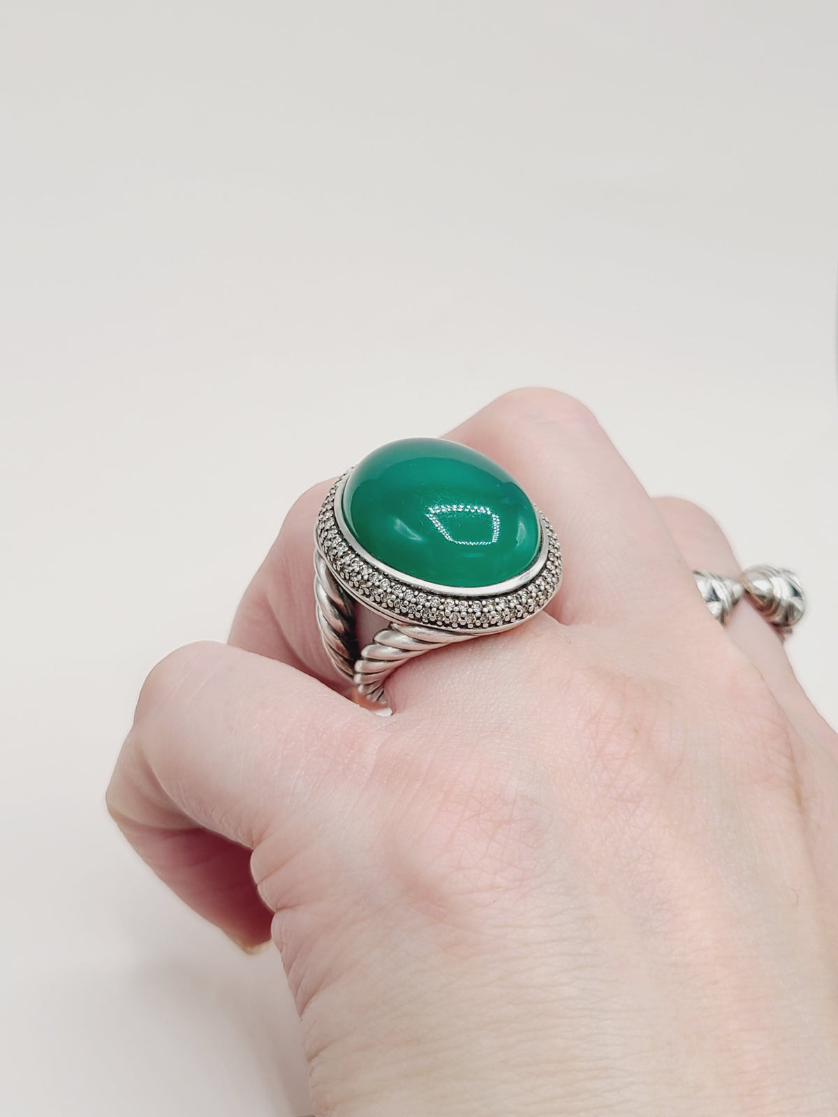 David Yurman Signature Oval Green Onyx Diamond Ring Sterling Silver 0.86 TCW Size 7.5