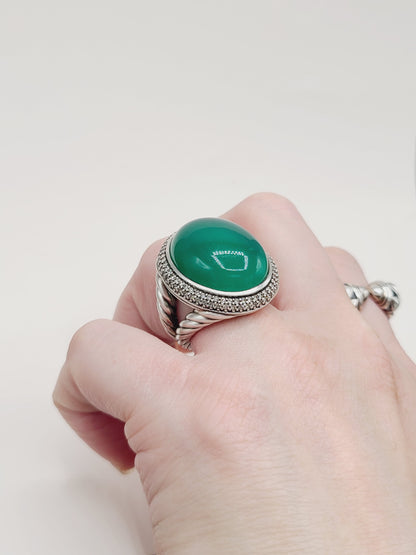 David Yurman Signature Oval Green Onyx Diamond Ring Sterling Silver 0.86 TCW Size 7.5