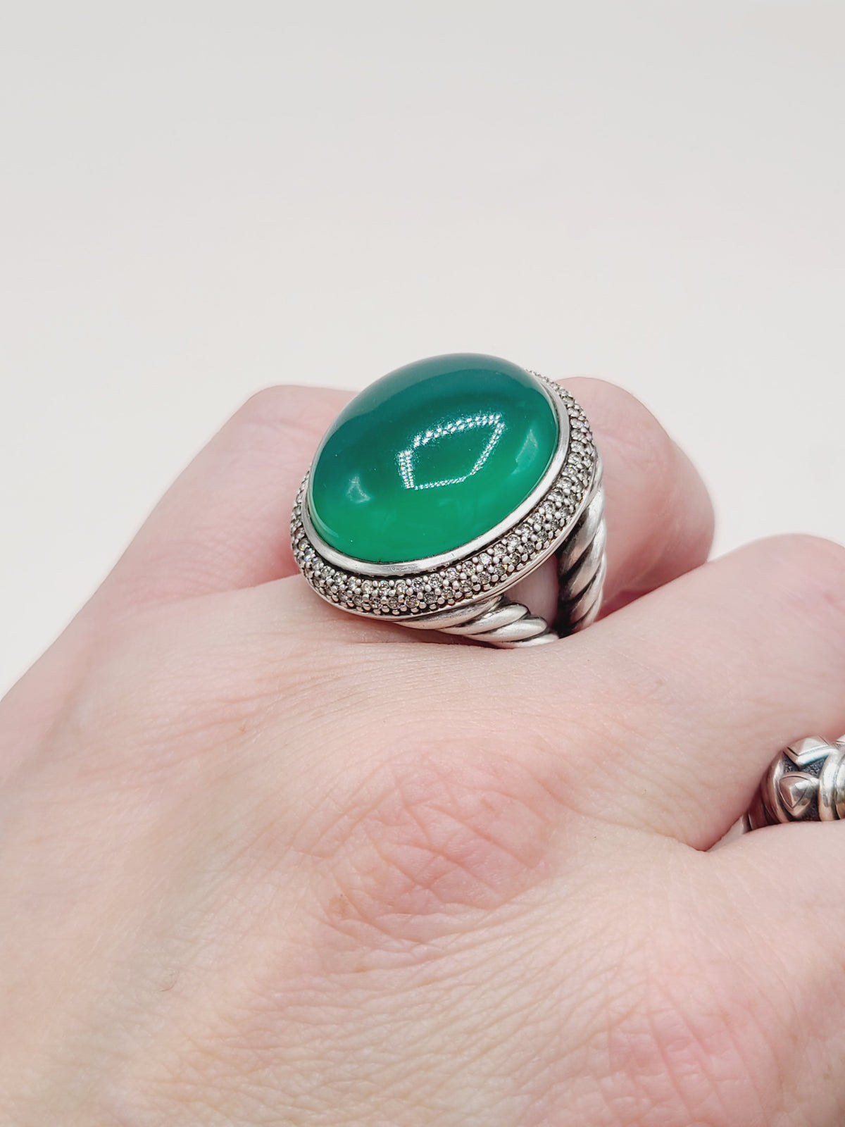 David Yurman Signature Oval Green Onyx Diamond Ring Sterling Silver 0.86 TCW Size 7.5