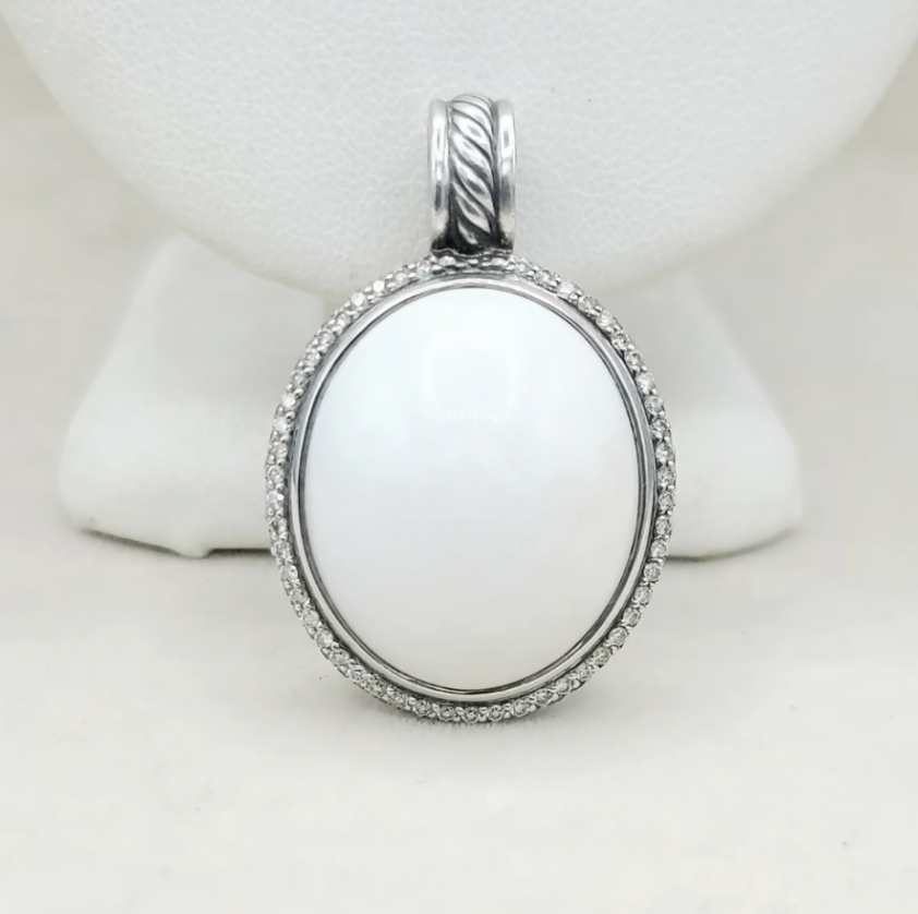 David Yurman Signature Oval White Agate Diamond Pendant Enhancer Sterling Silver 0.75 TCW 38mm