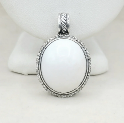 David Yurman Signature Oval White Agate Diamond Pendant Enhancer Sterling Silver 0.75 TCW 38mm