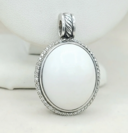 David Yurman Signature Oval White Agate Diamond Pendant Enhancer Sterling Silver 0.75 TCW 38mm