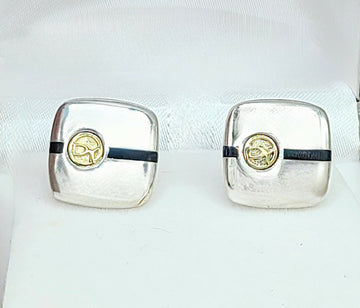  David Yurman Signature Silver Gold Black Enamel Logo Cufflinks