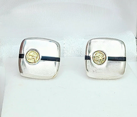  David Yurman Signature Silver Gold Black Enamel Logo Cufflinks