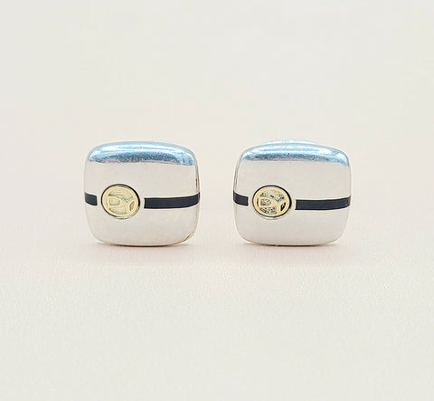  David Yurman Signature Silver Gold Black Enamel Logo Cufflinks