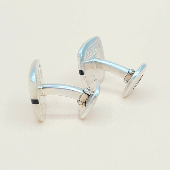  David Yurman Signature Silver Gold Black Enamel Logo Cufflinks