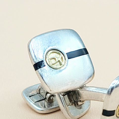 David Yurman Signature Silver Gold Black Enamel Logo Cufflinks