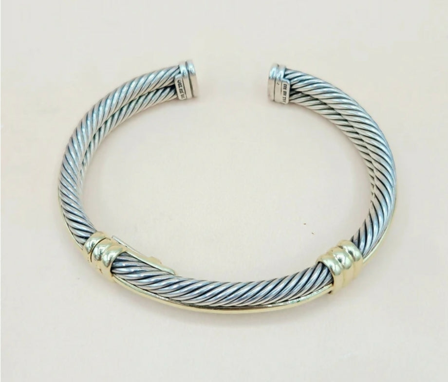  David Yurman Silver Gold Double Cable Hinged Bracelet