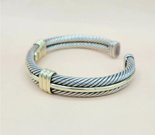 David Yurman Silver Gold Double Cable Hinged Bracelet