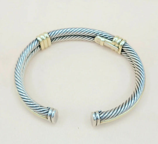  David Yurman Silver Gold Double Cable Hinged Bracelet