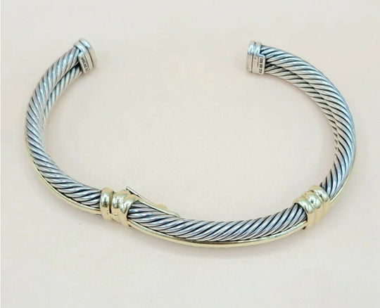  David Yurman Silver Gold Double Cable Hinged Bracelet