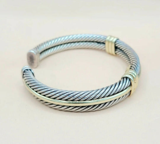  David Yurman Silver Gold Double Cable Hinged Bracelet
