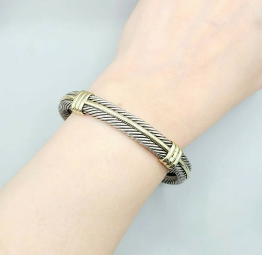  David Yurman Silver Gold Double Cable Hinged Bracelet