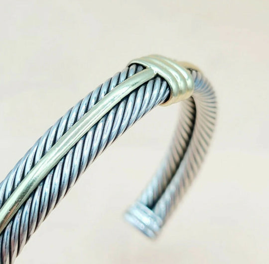 David Yurman Silver Gold Double Cable Hinged Bracelet