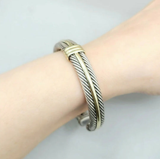  David Yurman Silver Gold Double Cable Hinged Bracelet