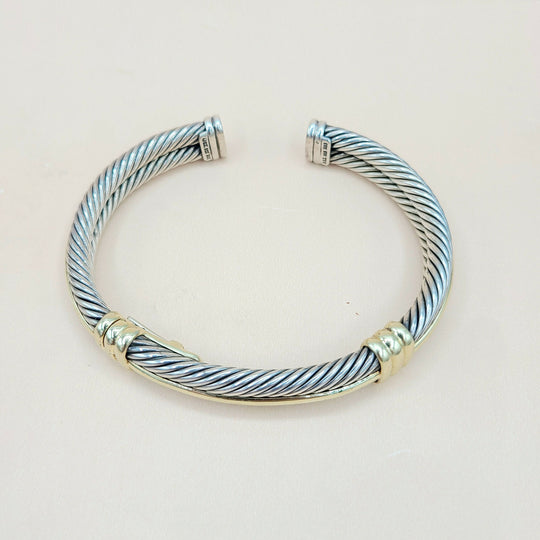  David Yurman Silver Gold Double Cable Hinged Bracelet