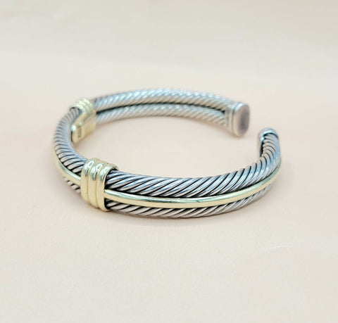  David Yurman Silver Gold Double Cable Hinged Bracelet