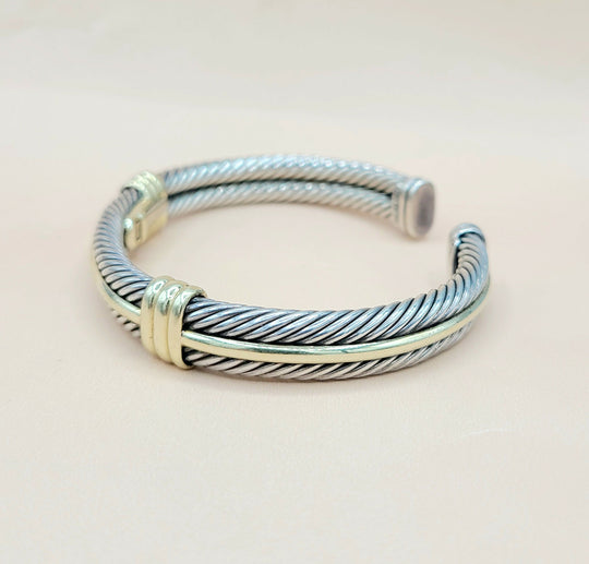  David Yurman Silver Gold Double Cable Hinged Bracelet