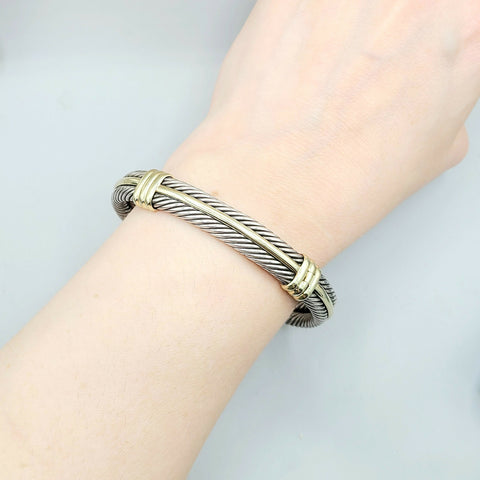  David Yurman Silver Gold Double Cable Hinged Bracelet