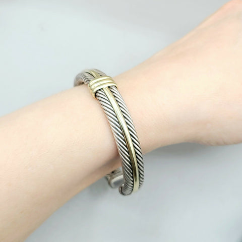  David Yurman Silver Gold Double Cable Hinged Bracelet