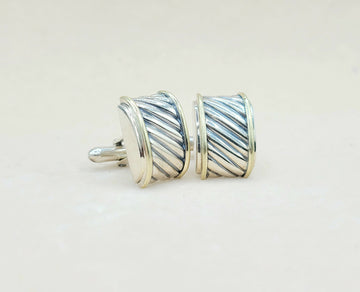  David Yurman Silver Gold Thoroughbred Cable Band Cufflinks