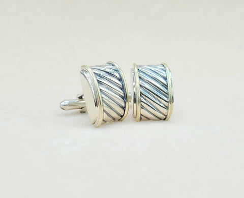  David Yurman Silver Gold Thoroughbred Cable Band Cufflinks