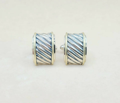  David Yurman Silver Gold Thoroughbred Cable Band Cufflinks