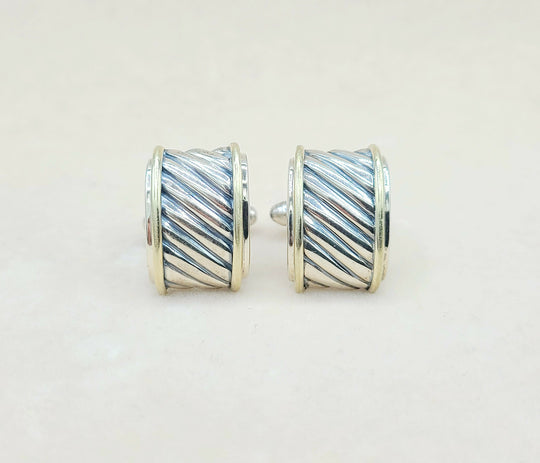 David Yurman Silver Gold Thoroughbred Cable Band Cufflinks