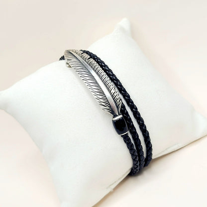 David Yurman Southwest Frontier Feather Triple Wrap Bracelet Black Onyx Sterling Silver Medium