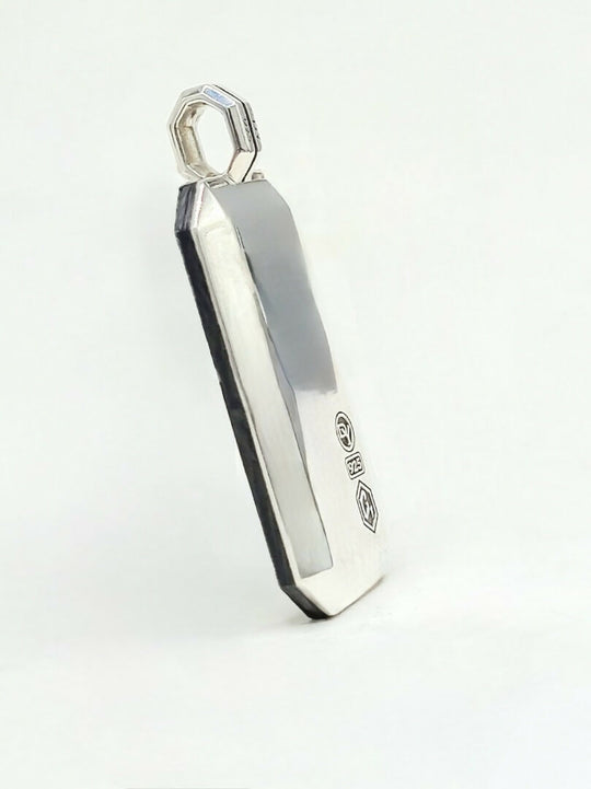 side view David Yurman Sterling Silver Forged Carbon Inlay Dog Tag Pendant, 41mm