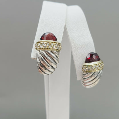 David Yurman Waverly Earrings With Garnet , Diamonds and Gold