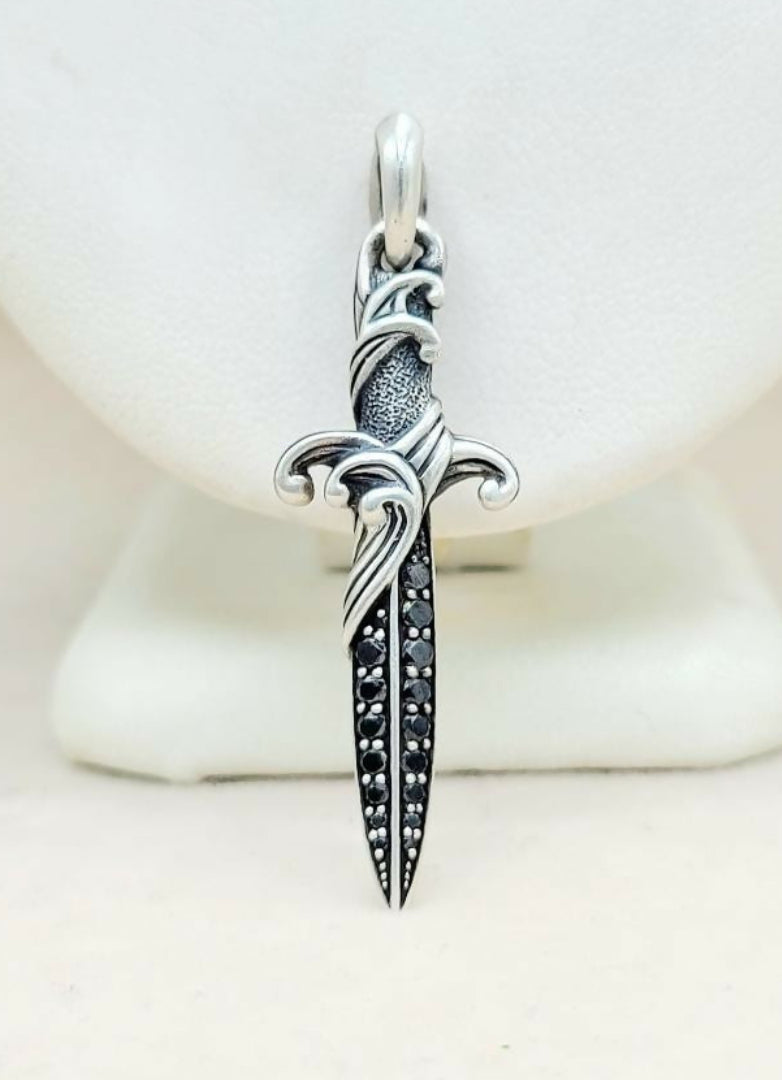 David Yurman Waves Dagger Black Diamond Amulet Sterling Silver | AYW Luxury
