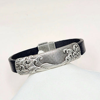 David Yurman Waves ID Bracelet Black Leather Sterling Silver 11.5mm Large