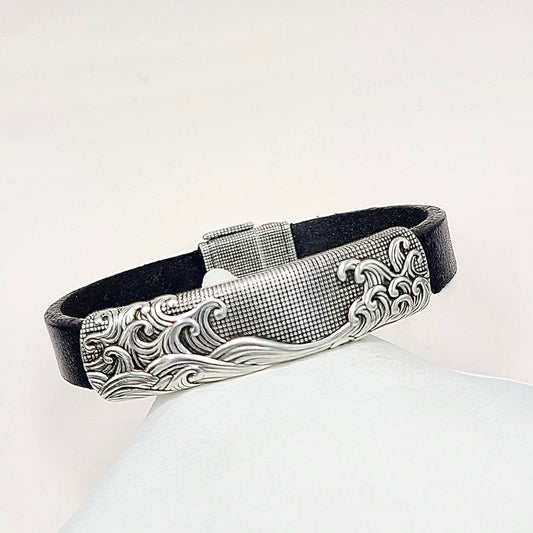 David Yurman Waves ID Bracelet Black Leather Sterling Silver 11.5mm Large
