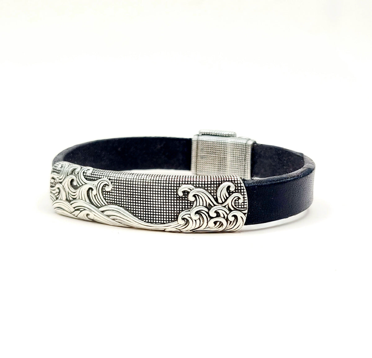 David Yurman Waves ID Bracelet Black Leather Sterling Silver 11.5mm Large