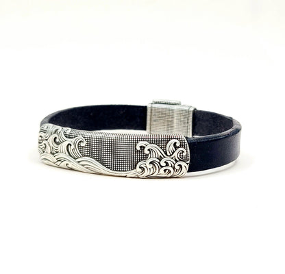 David Yurman Waves ID Bracelet Black Leather Sterling Silver 11.5mm Large