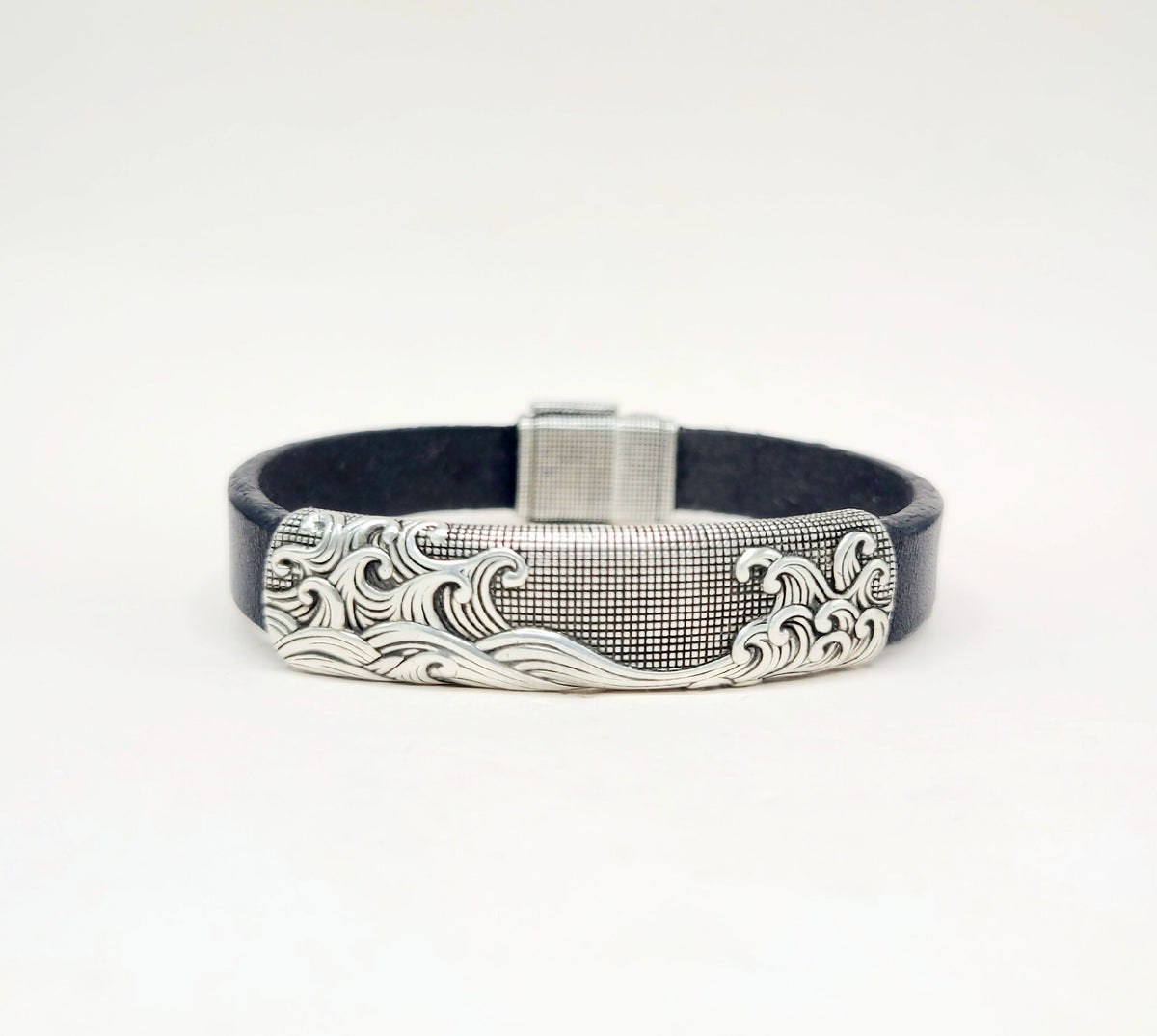 David Yurman Waves ID Bracelet Black Leather Sterling Silver 11.5mm Large