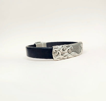 David Yurman Waves ID Bracelet Black Leather Sterling Silver 11.5mm Large