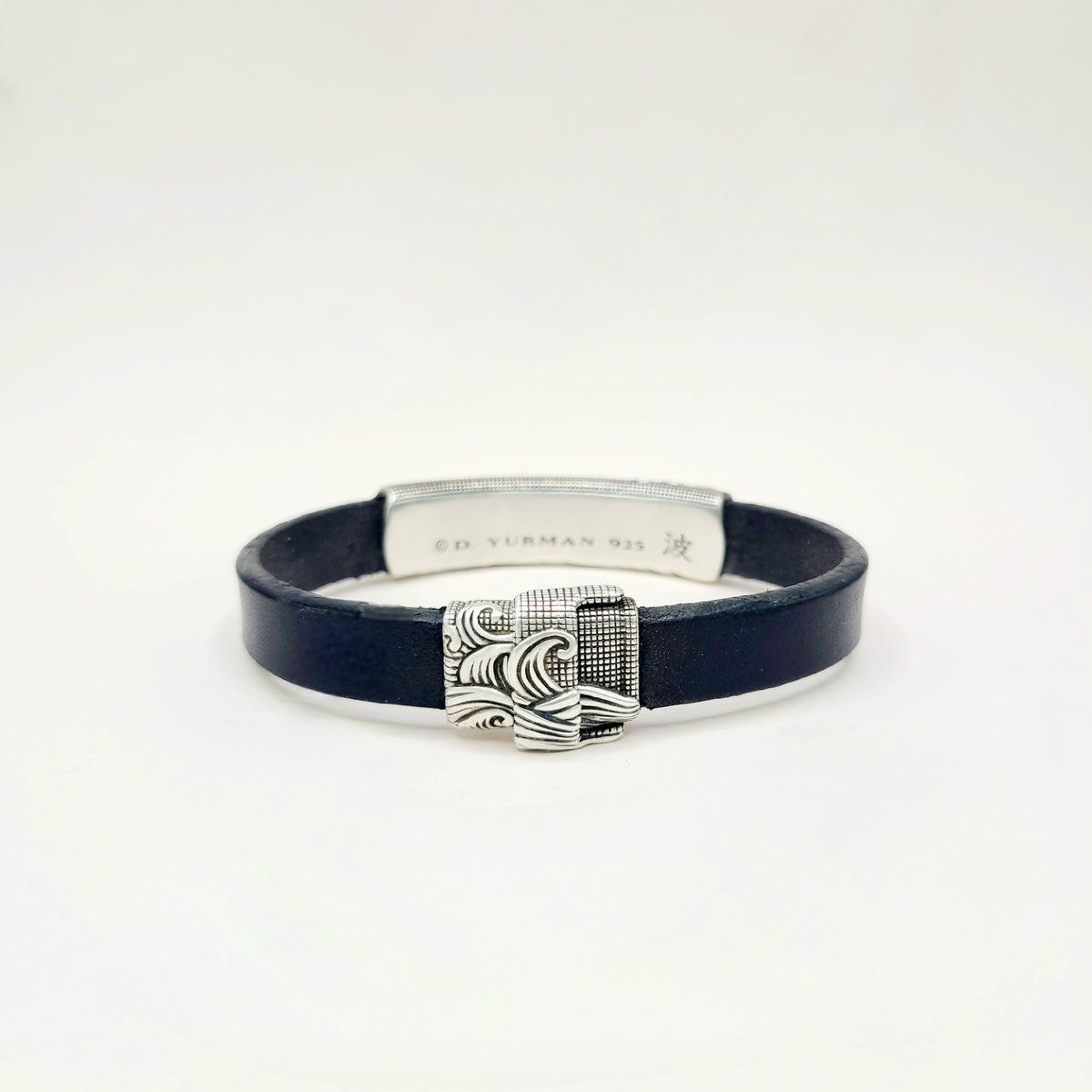 David Yurman Waves ID Bracelet Black Leather Sterling Silver 11.5mm Large