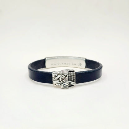David Yurman Waves ID Bracelet Black Leather Sterling Silver 11.5mm Large