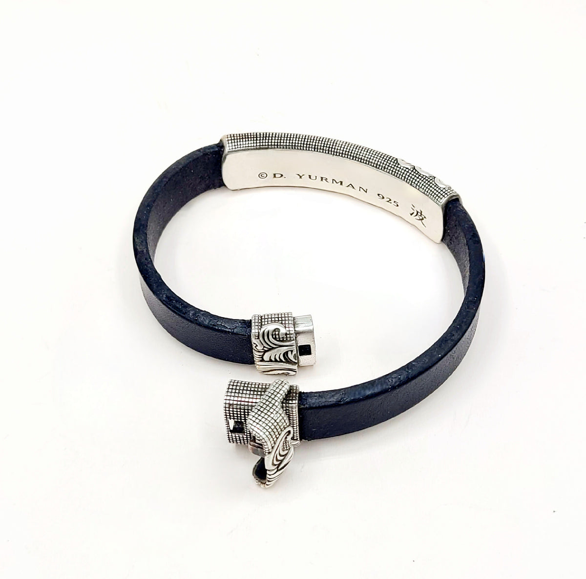 David Yurman Waves ID Bracelet Black Leather Sterling Silver 11.5mm Large