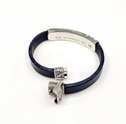 David Yurman Waves ID Bracelet Black Leather Sterling Silver 11.5mm Large